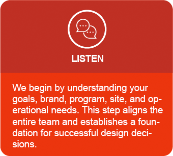 Listen - We begin by understanding your goals, brand, program, site, and operational needs. This step aligns the entire team and establishes a foundation for successful design decisions.